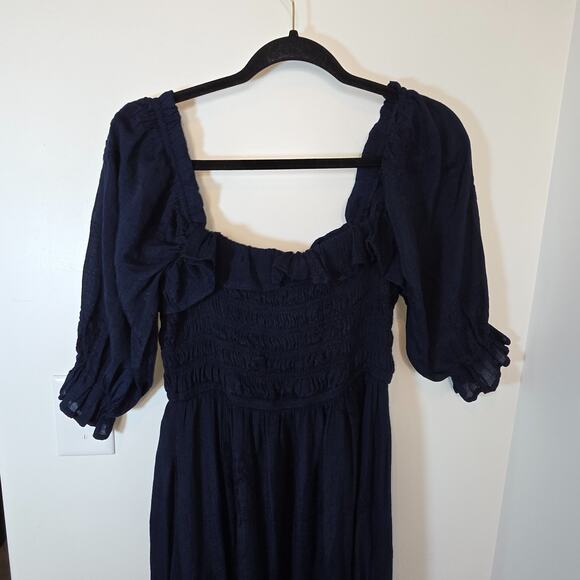 Smocked waist peasant square neck dress Large Navy Rayon Puff Sleeve Cottagecore - Picture 6 of 9